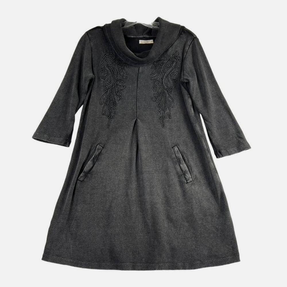Kyla Seo CAITE 3/4 Sleeve Embroidered Cowl Neck Waffle Knit Dress Casual Gray